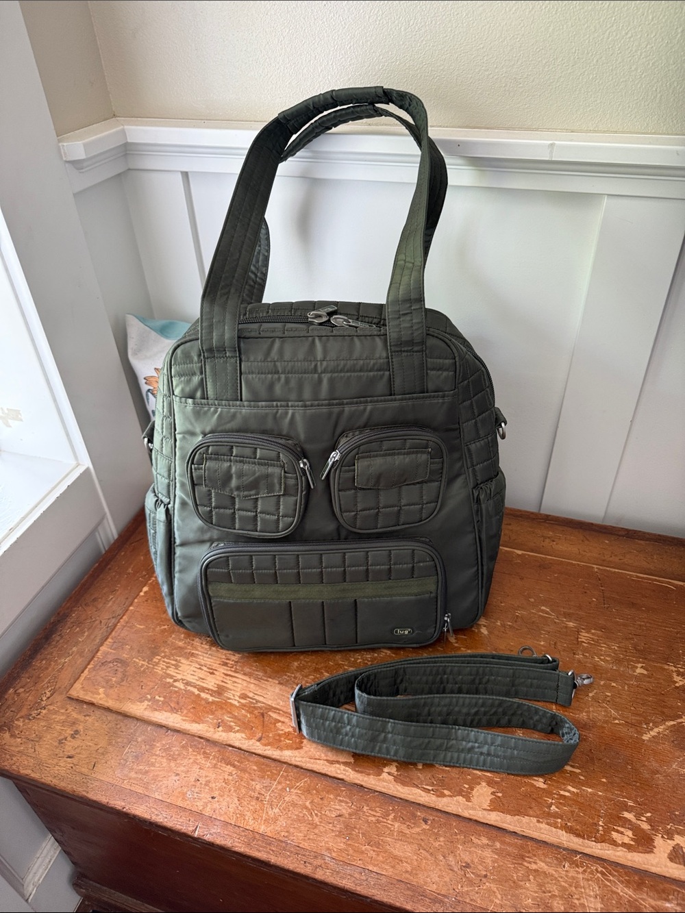 Lug Puddle Jumper carryon tote gym bag quilted olive color 12” drop shoulder bag